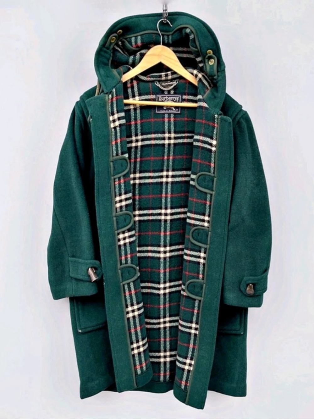 Vintage BURBERRY Nova Check Lined Wool Duffle Coat Green Size 10 REG
